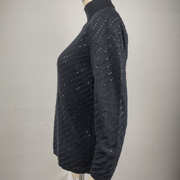 Carlisle black sparkly sequin 100% Silk mock neck knit top blouse ladies Large - Picture 6 of 7